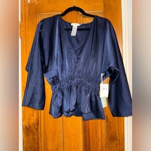 NWT Good American navy deep v-neck satin dolman top with smocked waist size 2